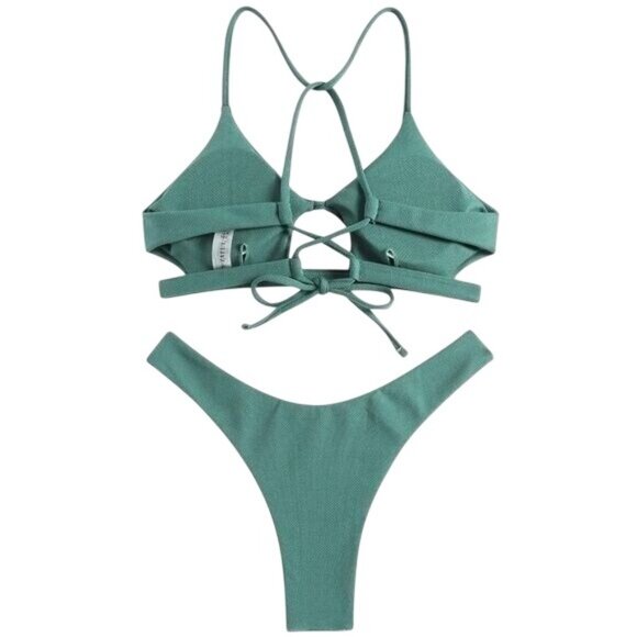 Zaful Women’s Small Bikini Set Green Strappy Cut Out Tie Back Top Thong Bottom - Picture 3 of 9